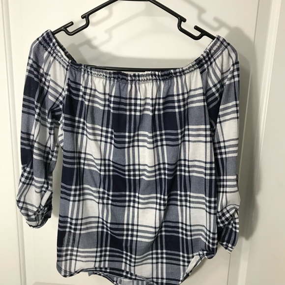 Polly & Esther Navy & White Plaid Off-Shoulder Top Size Med - Picture 2 of 6